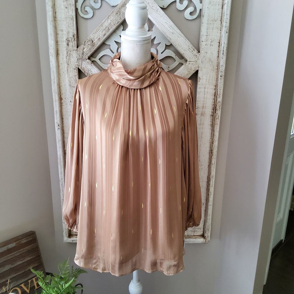 Zac & Rachel 3/4 Sleeve Mock High Neck Chiffon Blouse Gold Foil Shadow Stripe - Picture 2 of 10
